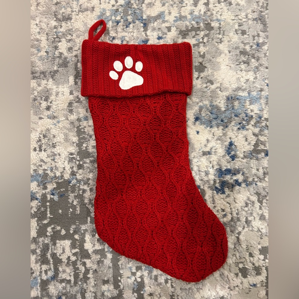 Red Knit Christmas Stocking with Paw Print